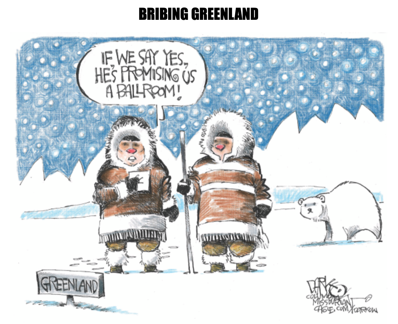 Cartoon showing two eskimos discussing the sale of Greenland
