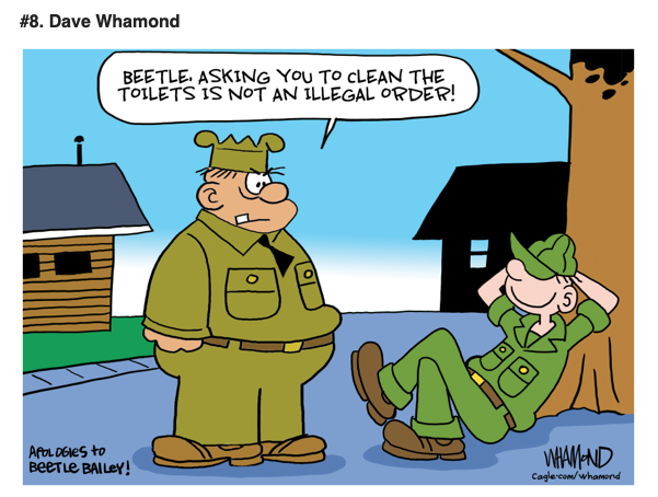 Beetle Bailey attempting to claim cleaning toilets is an illegal order