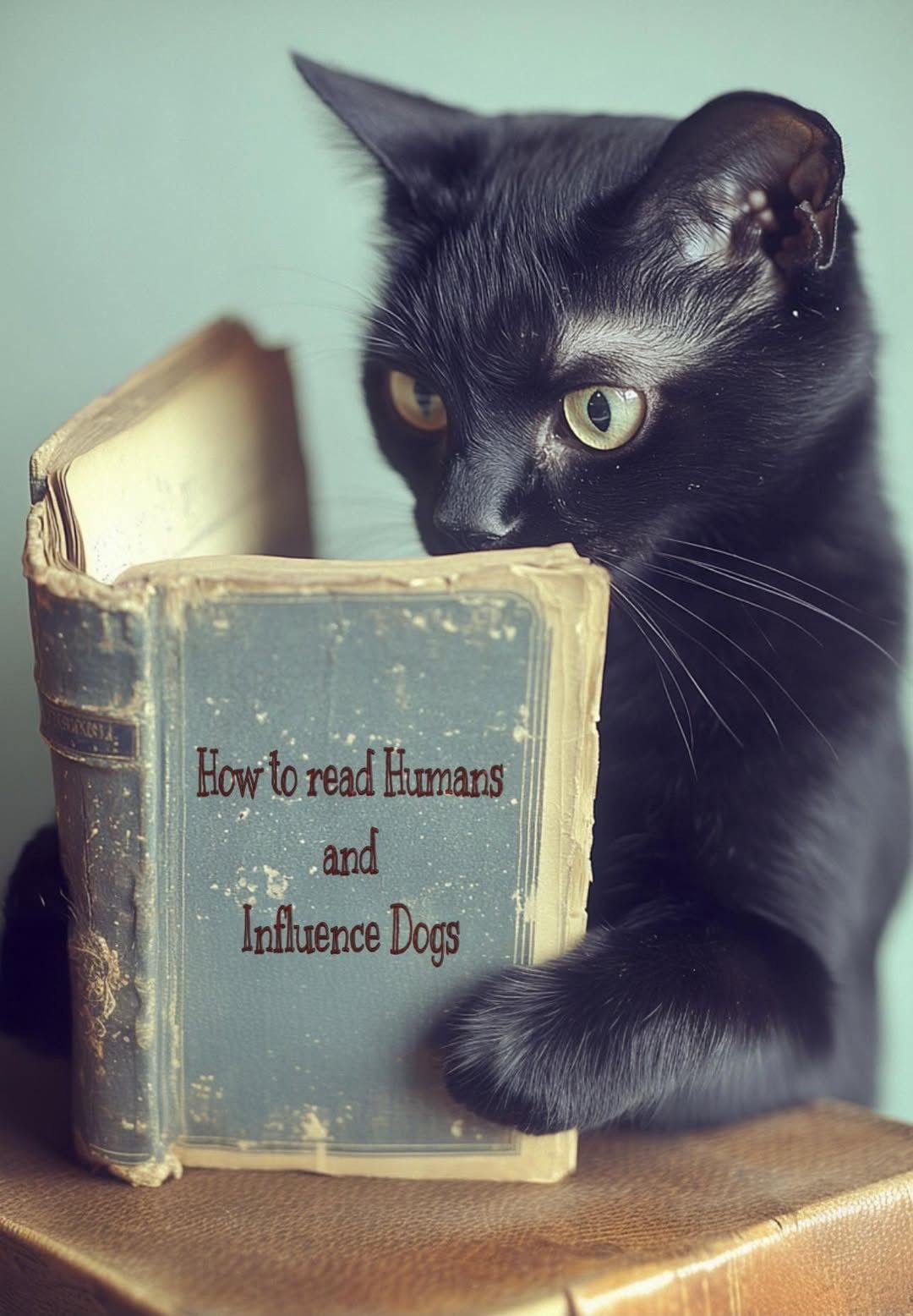 Cat reading book about how to read humans and influence dogs